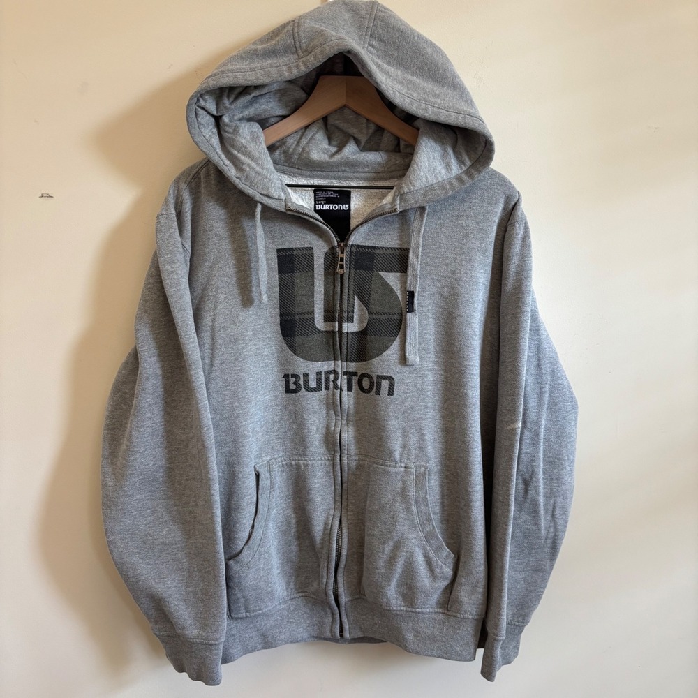Burton Mens Full Zip Hoodie Gray Plaid Logo Fleece Sweatshirt Large
